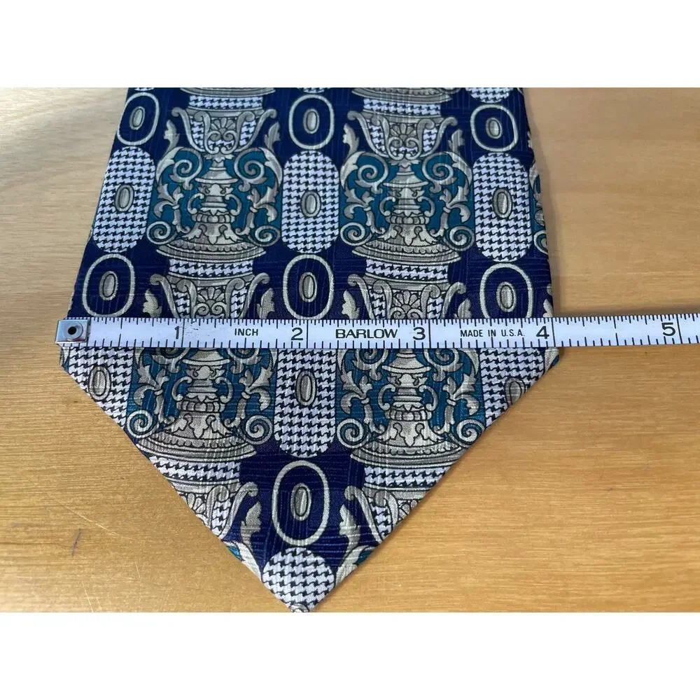 Vintage Oscar De Le Renta Silk Necktie Men's Blue Urn Cocktail Party Preppy
